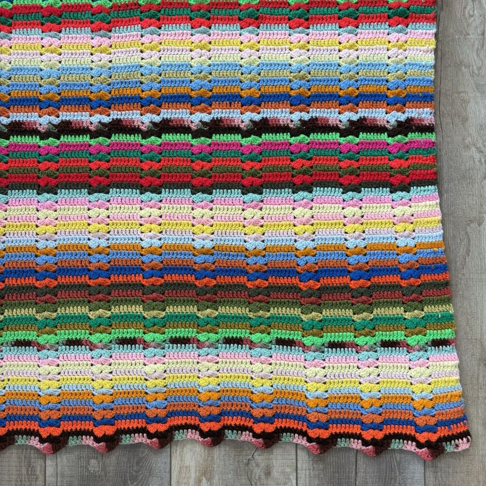 Vtg Handmade Crochet Lap Blanket Afghan Throw 51”x62” Multicolor Stripe Rainbow - Picture 9 of 10